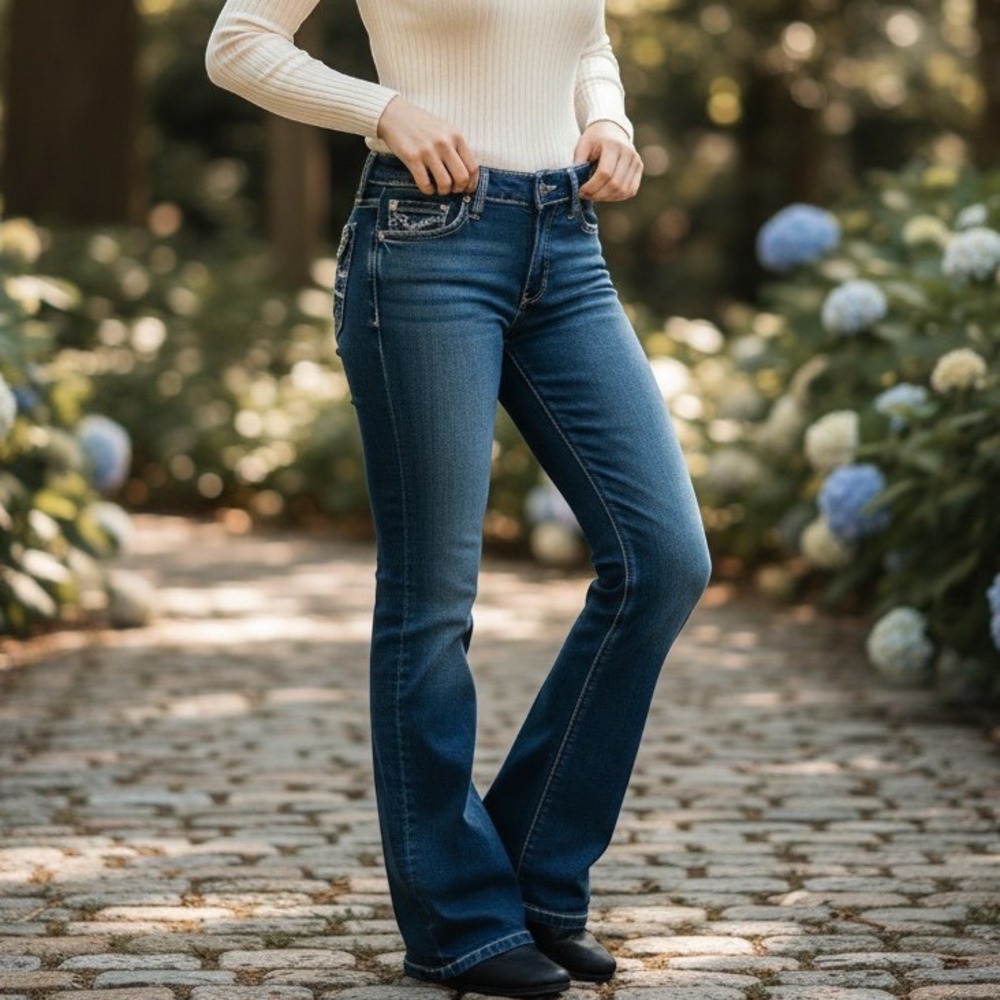 Miss Me Size 32 Blue Cross Flap Pockets Bootcut‎ Denim Jeans